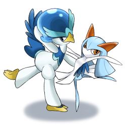 Rule 34 | 1girl, 1other, alternate color, animal feet, arm around back, arms up, beak, bird tail, blue eyes, blue fur, blue hair, blue skin, body fur, colored skin, creatures (company), dancing, flat chest, furry, game freak, gen 3 pokemon, hair between eyes, kirlia, leg up, long hair, looking at viewer, mew kate, multicolored skin, nintendo, no mouth, outstretched arms, pokemon, pokemon (creature), quaxwell, red eyes, shiny pokemon, sidelocks, simple background, standing, standing on one leg, tail, two-tone fur, two-tone skin, white background, white fur, white skin, wings