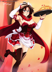 Rule 34 | 1girl, absurdres, armpits, artist name, bare shoulders, black hair, blush, boots, breasts, choker, cloak, detached sleeves, feet out of frame, flower, food, gradient hair, hair between eyes, high heels, highres, holding, holding food, holding pizza, holding tray, looking at viewer, maid, maid headdress, medium breasts, multicolored hair, patreon username, pizza, red hair, rose, ruby rose, rwby, salute, short hair, smile, solo, standing, thigh boots, thighhighs, tray, two-tone hair, vilde loh hocen, watermark, web address