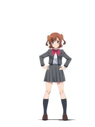 Rule 34 | 10s, 1girl, aijou karen, black socks, blush, body blush, bow, bowtie, breast pocket, breasts, brown eyes, brown footwear, brown hair, collared shirt, crown hair ornament, eyes visible through hair, full body, grey jacket, grey skirt, hands on own hips, highres, jacket, kneehighs, legs apart, loafers, looking at viewer, medium breasts, miniskirt, official art, open clothes, open jacket, pleated skirt, pocket, red bow, red bowtie, saita hiroyuki, school uniform, seishou music academy uniform, shadow, shiny footwear, shirt, shirt tucked in, shoes, shoujo kageki revue starlight, skirt, smile, socks, solo, standing, transparent background, two side up, white shirt