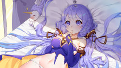 Rule 34 | absurdres, ahoge, azur lane, bad id, bad pixiv id, bare shoulders, bed, breasts, closed mouth, commentary request, cosplay, curtains, dress, elbow gloves, fingerless gloves, gloves, gold trim, groin, hair ornament, halterneck, hands up, highres, indoors, long hair, looking at viewer, lying, medium breasts, mo xiaoxue, navel, on back, panties, pillow, purple dress, purple eyes, purple gloves, purple hair, sparkle, stuffed animal, stuffed pegasus, stuffed toy, stuffed unicorn, stuffed winged unicorn, tears, torn clothes, torn dress, underwear, unicorn (azur lane), unicorn (little star songstress) (azur lane), very long hair, vocaloid, white panties, window, xingchen, xingchen (cosplay)