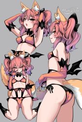 Rule 34 | 1girl, absurdres, animal ear fluff, animal ears, ass, bare shoulders, bow, breasts, fate/extra, fate (series), fox ears, fox girl, fox tail, hair between eyes, hair bow, highres, long hair, looking at viewer, mesugaki, multiple views, pink hair, sidelocks, small breasts, smile, tail, tamamo (fate), tamamo no mae (fate/extra), twintails, wisespeak, yellow eyes