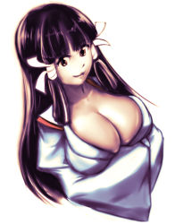 Rule 34 | 1girl, arcana heart, black hair, breast hold, breasts, brown eyes, cleavage, crossed arms, drawfag, female focus, hair ribbon, japanese clothes, kasuga maori, large breasts, long hair, miko, ribbon, smile, solo, upper body