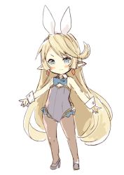 Rule 34 | 1girl, bare shoulders, black footwear, blonde hair, blue bow, blue bowtie, blue eyes, blush stickers, bow, bowtie, brown pantyhose, charlotta (granblue fantasy), closed mouth, collar, detached collar, earrings, full body, granblue fantasy, grey leotard, hair ribbon, harvin, high heels, jewelry, leotard, long hair, meito (maze), pantyhose, pointy ears, ribbon, shoes, simple background, sketch, smile, solo, stamp, standing, strapless, strapless leotard, v-shaped eyebrows, very long hair, white background, white collar, white ribbon, wrist cuffs