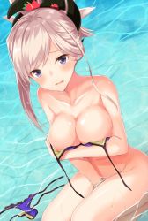 Rule 34 | 1girl, asymmetrical bangs, bikini, unworn bikini bottom, blue bikini, blue eyes, blush, bottomless, breast hold, breasts, cleavage, collarbone, dutch angle, embarrassed, fate/grand order, fate (series), hair ornament, highres, large breasts, long hair, looking at viewer, miyamoto musashi (fate), open mouth, partially submerged, solo, swimsuit, takehana note, tears, untied bikini, water, wet