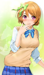 Rule 34 | 1girl, :q, absurdres, blue bow, blue bowtie, blue skirt, bow, bowtie, brown hair, closed mouth, gradient background, green background, green bow, hair bow, highres, koizumi hanayo, looking at viewer, love live!, love live! school idol project, nakano maru, pink eyes, plaid, plaid skirt, school uniform, short hair, skirt, solo, striped bow, striped bowtie, striped clothes, thighs, tongue, tongue out