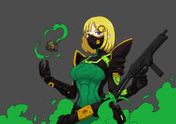 Rule 34 | 1girl, absurdres, blonde hair, blue eyes, bodysuit, breasts, cosplay, explosive, gas mask, green bodysuit, grenade, grey background, gun, hair ornament, highres, holding, holding gun, holding weapon, hololive, hololive english, k (a klulu), looking at viewer, mask, medium breasts, mouth mask, short hair, simple background, solo, submachine gun, trigger discipline, upper body, valorant, viper (valorant), viper (valorant) (cosplay), virtual youtuber, watson amelia, weapon