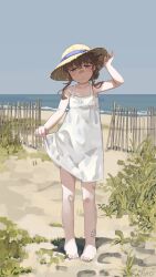 Rule 34 | 1girl, absurdres, artist name, bamboo fence, bandaid, bandaid on knee, bandaid on leg, barefoot, blue ribbon, blush, brown eyes, clear sky, closed mouth, day, dress, female focus, fence, folded ponytail, full body, grass, hair bun, hand on headwear, hat, hat ribbon, head tilt, highres, horizon, inazuma (kancolle), kantai collection, kuro4221, looking at viewer, ocean, outdoors, pigeon-toed, ribbon, shaded face, shore, skirt hold, sky, smile, solo, spaghetti strap, standing, straw hat, sun hat, sundress, tareme, white dress