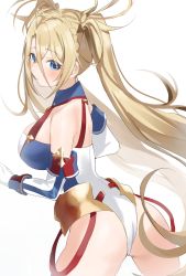 Rule 34 | 1girl, armor, ass, back, bad id, bad pixiv id, bare shoulders, blonde hair, blue eyes, blush, bradamante (fate), bradamante (first ascension) (fate), braid, breasts, closed mouth, crown braid, elbow gloves, fate/grand order, fate (series), faulds, gloves, hair between eyes, halterneck, highleg, highleg leotard, highres, large breasts, leotard, long hair, looking at viewer, looking back, simple background, solo, twintails, two-tone leotard, very long hair, white background, yuuko (030 yuko)