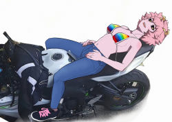 Rule 34 | 1girl, absurdres, ashido mina, bikini, bikini top only, black sclera, boku no hero academia, breasts, colored sclera, colored skin, denim, highres, jeans, lying, medium breasts, motor vehicle, motorcycle, navel, on back, open mouth, pants, pink hair, pink skin, shoes, short hair, smile, sneakers, solo, swimsuit, yellow eyes