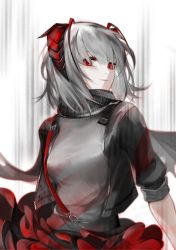 Rule 34 | 1girl, absurdres, arknights, black jacket, black scarf, breasts, chinese commentary, commentary request, grey shirt, hair between eyes, highres, horns, jacket, looking at viewer, medium breasts, qiangjitong, red eyes, red skirt, scarf, shirt, short hair, short sleeves, silver hair, skirt, smile, solo, upper body, w (arknights), white background