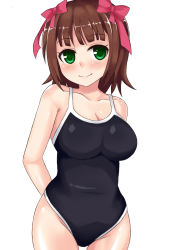 Rule 34 | 1girl, amami haruka, black one-piece swimsuit, brown hair, competition swimsuit, green eyes, idolmaster, idolmaster (classic), kagami yuu, one-piece swimsuit, ribbon, school swimsuit, short hair, solo, swimsuit, white background