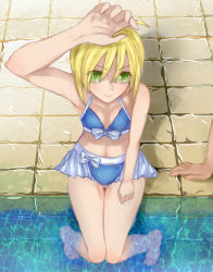 Rule 34 | 1girl, ahoge, alternate costume, artoria pendragon (all), artoria pendragon (fate), bad id, bad pixiv id, bikini, blonde hair, breasts, cleavage, face, fate/stay night, fate (series), foreshortening, frilled bikini, frills, from above, green eyes, knees together feet apart, looking at viewer, looking up, perspective, pool, poolside, purdre, saber (fate), shading eyes, sitting, small breasts, smile, soaking feet, solo focus, swimsuit