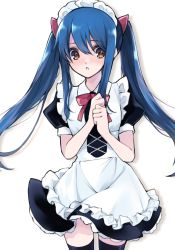 Rule 34 | 1girl, :o, apron, black thighhighs, blue hair, blush, brown eyes, clenched hands, cowboy shot, dress, fairy tail, frilled dress, frills, hair ribbon, long hair, looking at viewer, maid, maid apron, maid headdress, maru (pixiv51714255), neck ribbon, open mouth, own hands together, ribbon, short dress, short sleeves, sidelocks, simple background, solo, standing, thighhighs, twintails, very long hair, wendy marvell, white background, zettai ryouiki