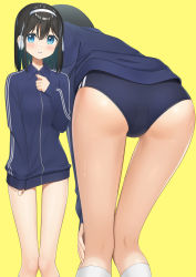 Rule 34 | 1girl, apollo (hu maple), ass, ass focus, bent over, black hair, blue eyes, blue jacket, blush, buruma, collared jacket, female focus, hair ornament, hairband, highres, jacket, jacket tug, legs, original, parted lips, simple background, sleeves past wrists, solo, thigh gap, thighs, white hairband, yellow background