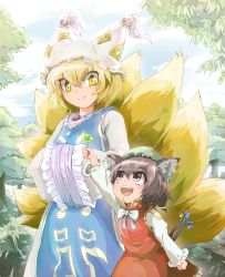 Rule 34 | 2girls, :d, animal ears, bell, blonde hair, bow, brown eyes, brown hair, cat ears, cat girl, cat tail, chen, clover, dress, female focus, four-leaf clover, fox tail, hands in opposite sleeves, hat, highres, jingle bell, multiple girls, multiple tails, nartanz, open mouth, ribbon, short hair, smile, surcoat, tail, tail ornament, tail ribbon, touhou, tree, yakumo ran, yellow eyes