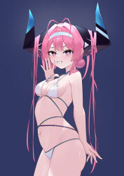 Rule 34 | 1girl, absurdres, arm behind back, azur lane, bikini, blush, breasts, commentary request, double bun, from side, grin, hair between eyes, hair bun, hairband, hand up, highres, hip focus, horns, long hair, looking at viewer, looking back, medium breasts, navel, pink eyes, pink hair, prinz rupprecht (azur lane), prinz rupprecht (midnight pearl) (azur lane), pulling own clothes, purple eyes, skindentation, smile, solo, stomach, string pull, swimsuit, thighs, very long hair, white bikini, white hairband, xin sanmu