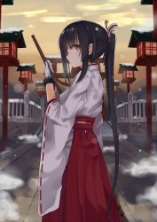 Rule 34 | 1girl, blush, broom, gloves, hair ribbon, highres, hip vent, japanese clothes, lantern, long hair, long sleeves, looking at viewer, miko, monobe tsukuri, original, outdoors, ponytail, profile, ribbon, ribbon-trimmed sleeves, ribbon trim, smile, snow, solo, stairs, torii, very long hair, white gloves, wide sleeves