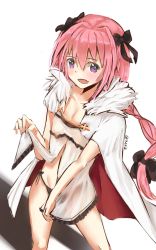 Rule 34 | 1boy, astolfo (fate), black panties, black ribbon, blush, breasts, cleavage, collarbone, fang, fate/apocrypha, fate (series), groin, hair ribbon, highres, i.f.s.f, long hair, looking at viewer, male focus, open mouth, panties, pink hair, purple eyes, ribbon, side-tie panties, simple background, small breasts, solo, standing, trap, tress ribbon, type-moon, underwear, white background