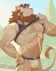 Rule 34 | 1boy, abs, animal ears, bara, bare pectorals, beard, black tank top, braid, brown hair, bulge, clothes lift, commission, cowboy shot, ear piercing, eyebrow cut, facial hair, fang, furry, furry male, jockstrap, large pectorals, lifted by self, lion boy, lion ears, lion tail, long beard, long hair, looking at viewer, male focus, male underwear, mature male, muscular, muscular male, navel, navel hair, nipples, no pants, original, pectorals, piercing, red eyes, ribbed male underwear, sample watermark, shirt lift, side braid, solo, stomach, tail, tank top, thick eyebrows, thighs, underpec, underwear, watermark, wet, wet clothes, wet male underwear