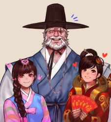 Rule 34 | 1boy, 2girls, :3, alternate costume, alternate hairstyle, beard, braid, brown eyes, brown hair, card, chinese clothes, chinese new year, commentary, d.va (overwatch), earrings, closed eyes, facepaint, facial hair, facial mark, gat (korean traditional hat), glasses, hair ornament, hair stick, hanbok, hat, heart, highres, holding, jewelry, korean clothes, long hair, looking at viewer, luna mei, mei (overwatch), multiple girls, nail polish, open mouth, overwatch, overwatch 1, palanquin d.va, red nails, reinhardt (overwatch), short hair, simple background, single braid, smile, striped, striped sleeves, tan background, traditional clothes, upper body, whisker markings, white hair, yy6242