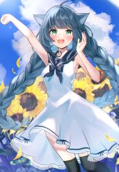 Rule 34 | 1girl, :d, ahoge, animal ears, arm up, bare arms, bare shoulders, black bow, black thighhighs, blue hair, blue sailor collar, blue sky, blush, bow, braid, breasts, cat ears, cloud, cloudy sky, commentary request, commission, day, dress, flower, green eyes, hand up, highres, looking at viewer, low twintails, medium breasts, open mouth, original, outdoors, over-kneehighs, petals, sailor collar, sailor dress, short eyebrows, skeb commission, sky, sleeveless, sleeveless dress, smile, solo, sunflower, suzumori (su2525), thick eyebrows, thighhighs, twin braids, twintails, white dress, yellow flower