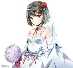 Rule 34 | 1girl, alternate costume, blue eyes, bouquet, breasts, bridal veil, brown hair, choker, clothes lift, commentary request, dated, dress, dress lift, elbow gloves, flower, gloves, hair flower, hair ornament, hama ( hama000), highres, kantai collection, lifted by self, looking at viewer, maya (kancolle), one-hour drawing challenge, red flower, rose, short hair, simple background, small breasts, smile, solo, twitter username, veil, wedding dress, white background, white dress, white gloves
