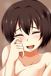 Rule 34 | 10s, 1girl, ^ ^, breasts, brown hair, closed eyes, facing viewer, gradient background, highres, hyuuga (kancolle), kantai collection, large breasts, nishi koutarou, open mouth, short hair, smile, solo, tears, topless