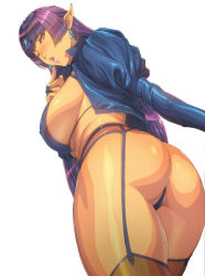 Rule 34 | 1girl, ass, blunt bangs, breasts, covered erect nipples, earrings, female focus, finger to cheek, from behind, from below, garter belt, garter straps, groin, hand up, highres, homare (fool&#039;s art), index finger raised, jacket, jewelry, large breasts, legs, long hair, matching hair/eyes, one eye closed, original, parted lips, partially visible vulva, pointy ears, purple eyes, purple hair, pussy, revealing clothes, sideboob, simple background, solo, standing, thighhighs, thighs, thong, white background, wink