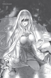 Rule 34 | 1girl, artist name, blindfold, breasts, bridal gauntlets, collarbone, crying, dress, facing viewer, goblin slayer!, greyscale, highres, jewelry, kannatsuki noboru, large breasts, long dress, long hair, monochrome, monochrome, novel illustration, official art, ring, side slit, sitting, solo, sword maiden, veil, very long hair