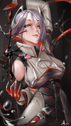 Rule 34 | 1girl, absurdres, aili si yu guo, alternate breast size, animification, apex legends, arm up, black background, blood moon catalyst, bodysuit, breasts, catalyst (apex legends), chinese commentary, clothing cutout, colored inner hair, gloves, grey eyes, grey hair, hair between eyes, half-closed eyes, highres, liquid, looking at viewer, medium breasts, multicolored hair, official alternate costume, orange hair, red gloves, short hair, shoulder cutout, smile, solo, upper body, white bodysuit, wide hips