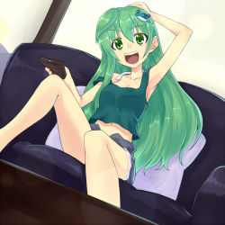 Rule 34 | 1girl, armpits, camisole, casual, collarbone, contemporary, controller, couch, female focus, frog, green eyes, green hair, hair ornament, kochiya sanae, long hair, matching hair/eyes, midriff, navel, open mouth, remote control, saemon (tonpura), sitting, snake, solo, strap slip, tank top, touhou