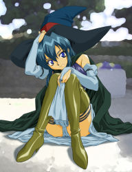 Rule 34 | 1girl, blue eyes, blue hair, boots, clothes lift, elbow gloves, gloves, green footwear, hat, matching hair/eyes, mole, panties, sawa jaaji, skirt, skirt lift, solo, thigh boots, thighhighs, underwear, witch hat