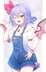 Rule 34 | 1girl, 60mai, ;d, alternate costume, bat wings, blue hair, bow, cowboy shot, fang, flandre scarlet, grey background, hair ribbon, highres, jewelry, off-shoulder shirt, off shoulder, one eye closed, open mouth, overalls, pendant, pocket, red bow, red eyes, red ribbon, remilia scarlet, ribbon, shirt, short hair, smile, solo, standing, touhou, white shirt, wings, wrist cuffs