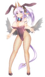 Rule 34 | 1girl, animal ears, arm garter, bare shoulders, blue eyes, blush, breasts, covered navel, demon girl, demon tail, detached collar, earrings, eteru (mofuaki), eyebrows, fake animal ears, fishnet pantyhose, fishnets, full body, hair between eyes, hairband, highres, horns, jewelry, large breasts, leotard, low wings, mofuaki, open mouth, original, pantyhose, playboy bunny, pointy ears, purple hair, rabbit ears, side ponytail, solo, tail, thick eyebrows, wings