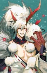 Rule 34 | 1boy, animal, antlers, bare pectorals, black sclera, blue background, colored sclera, colored skin, creature, detached collar, fang, hair between eyes, hand up, harurie, highres, horns, ibaraki douji (onmyoji), long hair, looking at animal, male focus, multicolored skin, onmyoji, open mouth, oversized forearms, oversized limbs, pectorals, ponytail, red horns, red skin, skin fang, solo, two-tone skin, upper body, white hair, yellow eyes