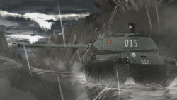 Rule 34 | 10s, 1girl, cliff, cloud, cloudy sky, emblem, explosion, female focus, girls und panzer, green jacket, is-2, jacket, long hair, long sleeves, military, military uniform, military vehicle, motor vehicle, nonna (girls und panzer), oshiro, outdoors, pravda (emblem), rain, sky, solo, tank, turtleneck, uniform, vehicle, vest