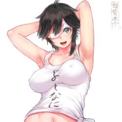Rule 34 | 1girl, armpits, arms behind head, arms up, black hair, breasts, commentary request, covered erect nipples, green eyes, indie virtual youtuber, large breasts, long hair, looking at viewer, midriff, minori yumeko, minori yumeko (character), navel, one eye covered, open mouth, shu-mai, simple background, smile, solo, translation request, upper body, virtual youtuber, white background
