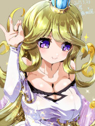 Rule 34 | 10s, 1girl, 2017, bad hands, bare shoulders, belladonna (granblue fantasy), blonde hair, blush, breasts, bridal gauntlets, brown background, cleavage, cleavage cutout, closed mouth, clothing cutout, collarbone, crown, curly hair, dated, dress, eyelashes, glint, granblue fantasy, large breasts, long hair, looking down, meme, miuku (marine sapphire), oekaki, salt bae (meme), simple background, smile, solo, sparkle, strapless, strapless dress, swept bangs, upper body, white dress