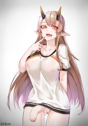Rule 34 | 1girl, censored, collarbone, futanari, gradient background, highres, horns, long hair, looking at viewer, mosaic censoring, orange eyes, penis, pointy ears, saliva, see-through, simple background, smile, solo, tagme, thighhighs, upper body, xiangzi box