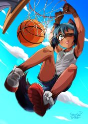 Rule 34 | 1girl, ;p, animal ears, armpits, artist name, ball, basketball, basketball (object), basketball hoop, black hair, blue hair, blue shorts, blue sky, bob cut, body fur, brand new animal, cloud, commentary, dark-skinned female, dark skin, dated, fangs, furry, furry female, jumping, kagemori michiru, lens flare, multicolored hair, one eye closed, open mouth, outdoors, raccoon ears, raccoon girl, raccoon tail, red eyes, shoes, short hair, shorts, sky, slam dunk (basketball), smile, sneakers, solo, stalkingp, sun, sweat, tail, tank top, teeth, tongue, tongue out, two-tone hair, upper teeth only, white tank top