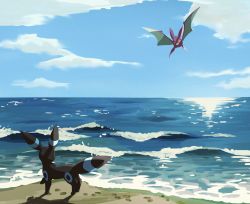 Rule 34 | alternate color, bad id, bad twitter id, cloud, creatures (company), crobat, day, flying, footprints, game freak, gen 2 pokemon, highres, looking to the side, nintendo, no humans, ocean, outdoors, pokemon, pokemon (creature), sand, shiny pokemon, shore, sky, two pokemon, umbreon, water