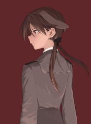Rule 34 | 1girl, animal ears, black ribbon, brown eyes, brown hair, closed mouth, gertrud barkhorn, hair between eyes, hair ribbon, highres, long hair, military, military uniform, profile, red background, ribbon, shiratama (hockey), simple background, solo, strike witches, twintails, uniform, upper body, world witches series