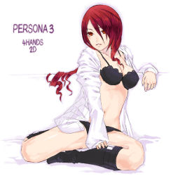 Rule 34 | 1girl, 4hands, atlus, blush, boots, bra, breasts, cleavage, kirijou mitsuru, lingerie, long hair, nidy, no pants, open clothes, open shirt, panties, persona, persona 3, red eyes, red hair, shirt, sitting, solo, underwear