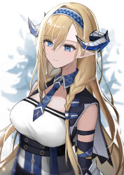 Rule 34 | 1girl, absurdres, arknights, bare shoulders, black gloves, blonde hair, blue eyes, blue hairband, blue necktie, blush, breasts, cleavage, closed mouth, dragon horns, elbow gloves, gloves, hairband, highres, horns, hyakutarou (momotar0 4), large breasts, long hair, looking away, necktie, pointy ears, saileach (arknights), shirt, sleeveless, sleeveless shirt, solo, underbust, upper body, very long hair, white shirt