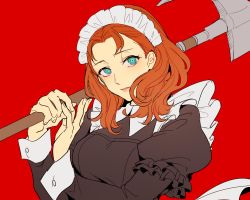 Rule 34 | 1girl, annette fantine dominic, axe, fire emblem, fire emblem: three houses, green eyes, highres, holding, holding axe, long sleeves, maid, maid headdress, mizuno (iori-amu), nintendo, orange hair, parted lips, simple background, solo, upper body, white background