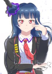 Rule 34 | 1girl, absurdres, artist name, artist request, belt, black cardigan, black feathers, black jacket, blue hair, blush, breasts, cardigan, collared shirt, feather hair ornament, feathers, female focus, guilty kiss (love live!), hair bun, hair ornament, hair scrunchie, hand on elbow, hand on own elbow, highres, jacket, long hair, long sleeves, looking at viewer, love live!, love live! school idol festival, love live! sunshine!!, necktie, parted lips, pink eyes, purple eyes, purple scrunchie, red belt, red necktie, scrunchie, shirt, side bun, single hair bun, smile, solo, sparkle, striped, striped necktie, tsushima yoshiko, upper body, white background, white shirt