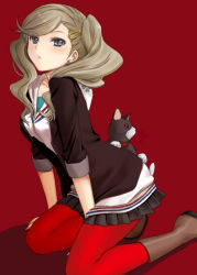Rule 34 | 10s, 1girl, blue eyes, brown hair, cat, earrings, hair ornament, jewelry, long hair, morgana (persona 5), pantyhose, persona, persona 5, red pantyhose, seiru (prairie), simple background, solo, takamaki anne, twintails, wavy hair