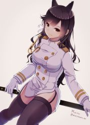 Rule 34 | 1girl, animal ears, atago (azur lane), azur lane, black hair, black thighhighs, breasts, brown eyes, commentary, garter straps, gloves, katana, long hair, long sleeves, looking at viewer, medium breasts, military, military uniform, miniskirt, mole, mole under eye, signature, simple background, skirt, smile, solo, sword, thighhighs, uniform, weapon, white background