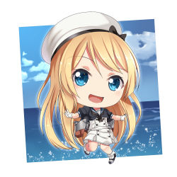 Rule 34 | 1girl, :d, blonde hair, blue eyes, blue sailor collar, dress, gloves, hat, highres, jervis (kancolle), kantai collection, long hair, ocean, open mouth, sailor collar, sailor dress, short sleeves, smile, solo, white gloves, white hat, yasume yukito