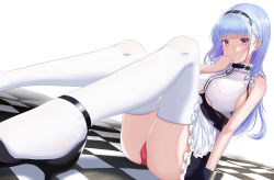 Rule 34 | 1girl, absurdres, anchor choker, apron, azur lane, bare shoulders, black footwear, black hairband, blush, breasts, center frills, checkered floor, choker, clothing cutout, dido (azur lane), dress, earrings, frilled apron, frilled choker, frills, hairband, haruto (nyannzou789), heart, heart earrings, highres, jewelry, lace-trimmed hairband, lace trim, large breasts, long hair, looking at viewer, maid, nail polish, panties, pink eyes, red panties, shoes, silver hair, sitting, sleeveless, solo, thighhighs, underboob, underboob cutout, underwear, waist apron, white apron, white thighhighs